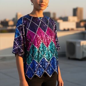 Holiday Party Sequined Colorful Geometric 80’s Bling Top